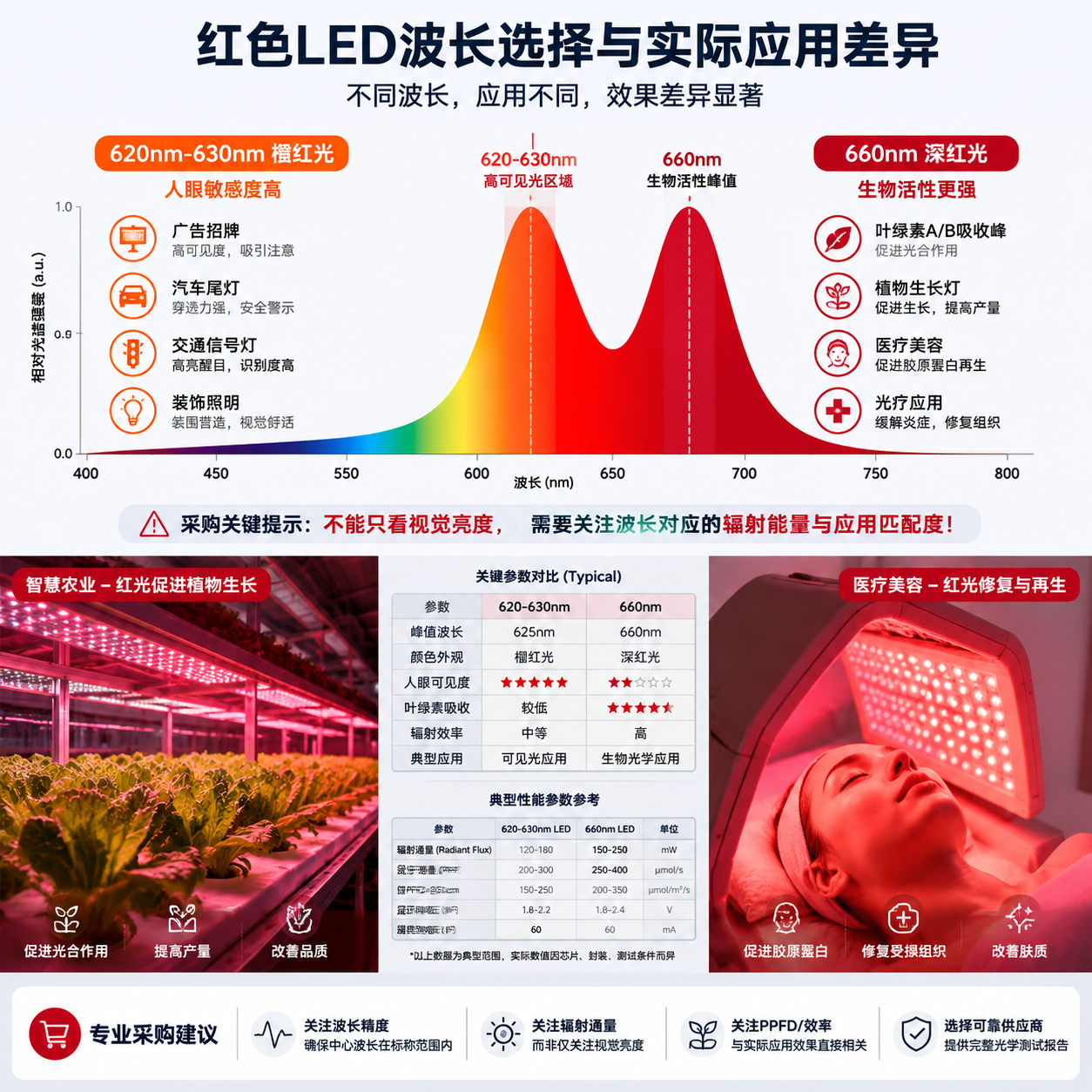 红色LED灯波长、应用与选购指南：如何选择合适的红光光源？