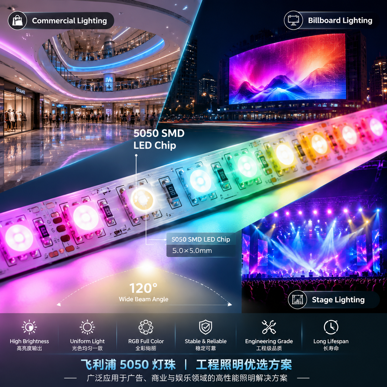 5050 SMD LED灯珠工程照明应用场景,展示商场、广告牌与舞台灯光效果的RGB灯带特写