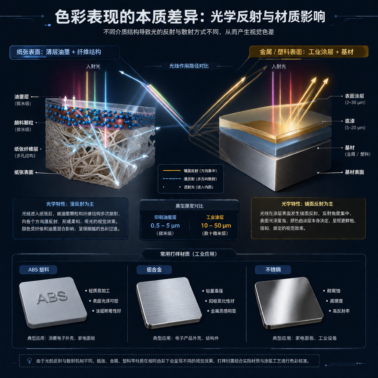 一张技术信息图，对比纸张上的微米级油墨层与金属/塑料上的数十微米级工业涂层，通过光线轨迹示意不同材质表面的光学反射差异，解释PMS和RAL色彩无法完全一致的物理原理。