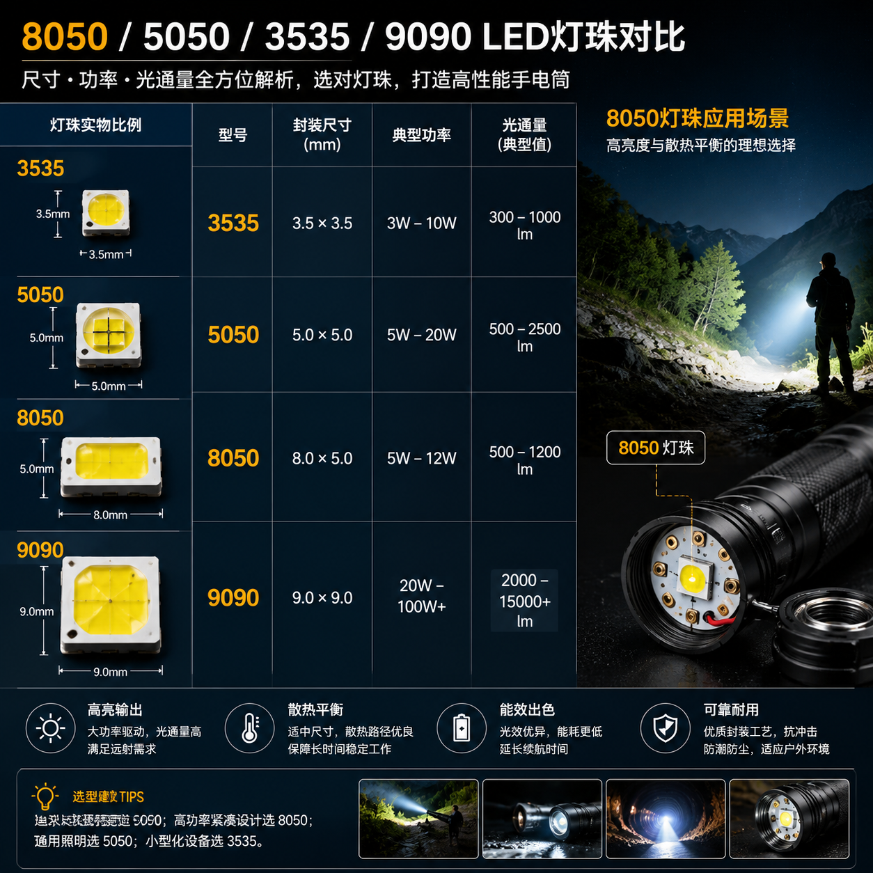 手电筒常用LED灯珠型号对比图，展示8050、5050、3535、9090等型号的封装尺寸、功率、光通量及应用场景