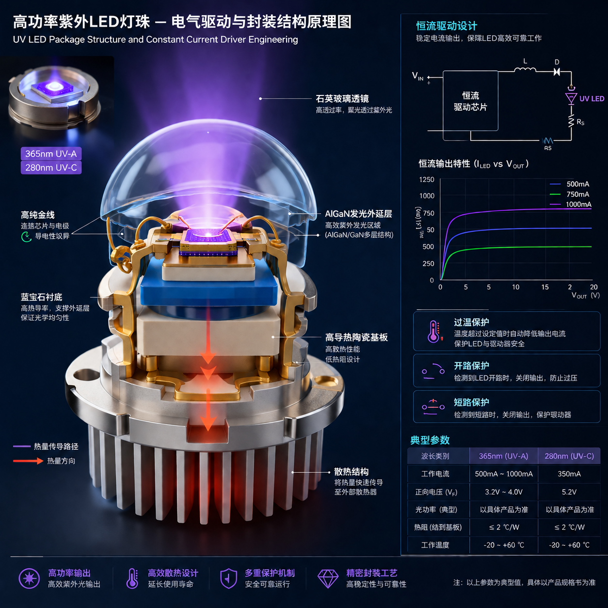 紫外LED灯珠剖面结构与恒流驱动原理示意图，展示了蓝宝石衬底、外延层、陶瓷基板、石英透镜等内部组件及恒流驱动电路的保护功能。
