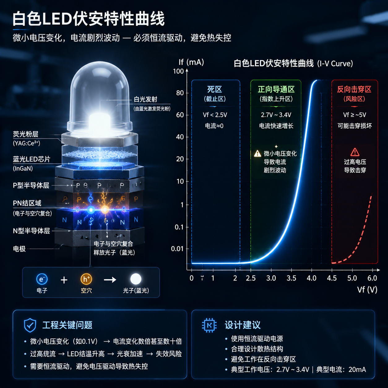 白色LED的微观剖面结构与伏安特性曲线图,展示其PN结、死区、正向导通与反向击穿特性