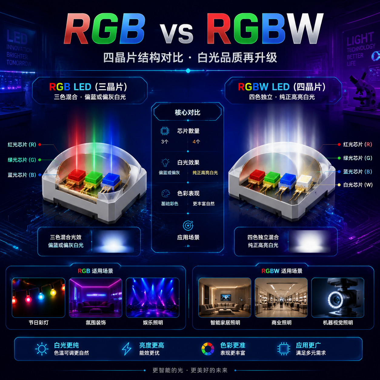 RGB与RGBW灯珠结构对比图，展示RGB三晶片混合白光和RGBW四晶片（含独立白光）纯净白光的区别，并列举各自典型应用场景。