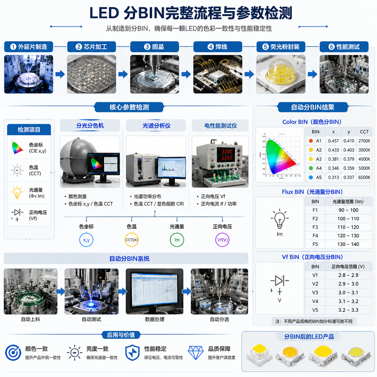 LED分BIN流程信息图，详细展示从LED制造封装到光电参数检测及自动分类的全过程