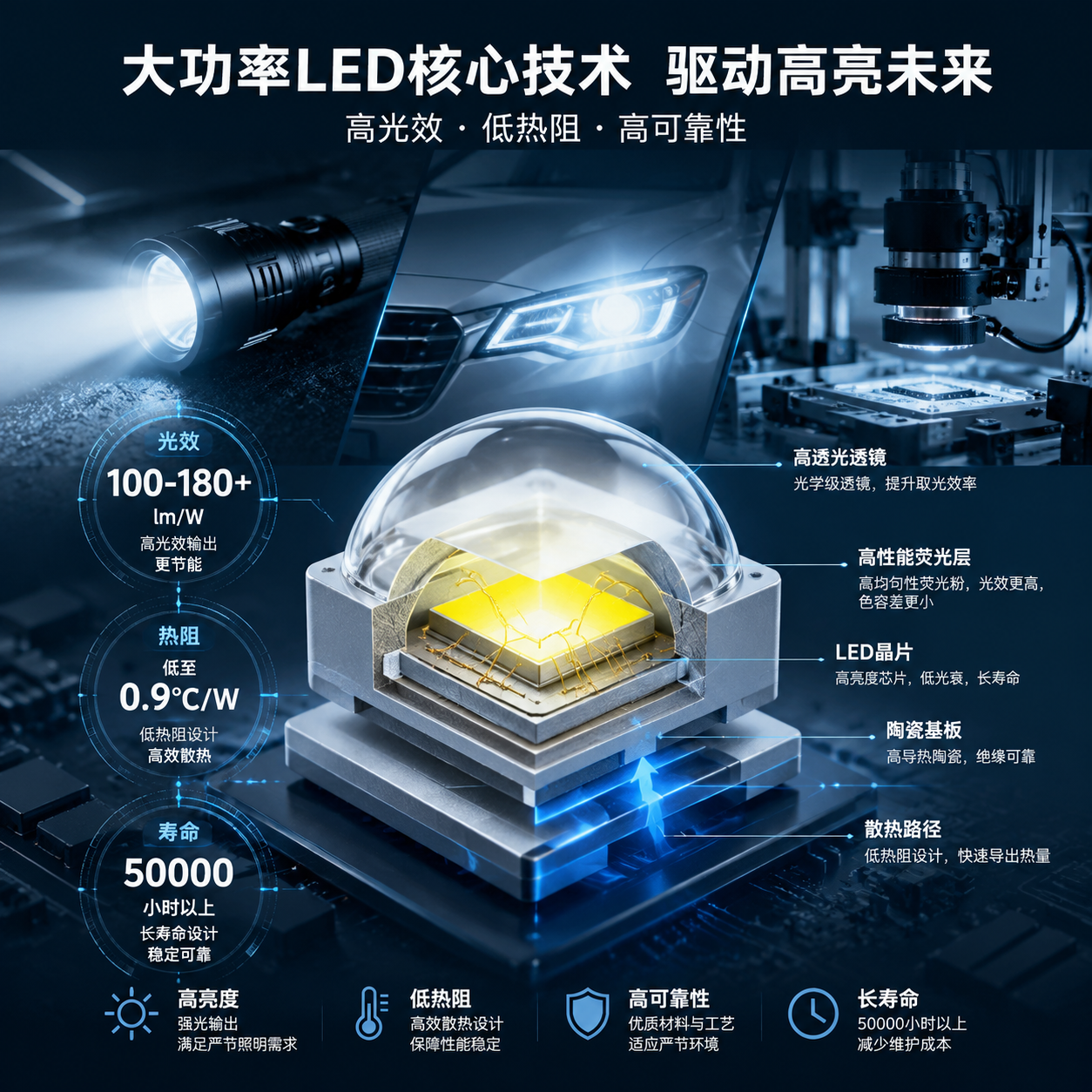 高性能白光LED灯珠微观结构与应用场景图,展示高光效、低热阻、长寿命等核心参数,背景为强光手电、汽车大灯和工业视觉检测设备