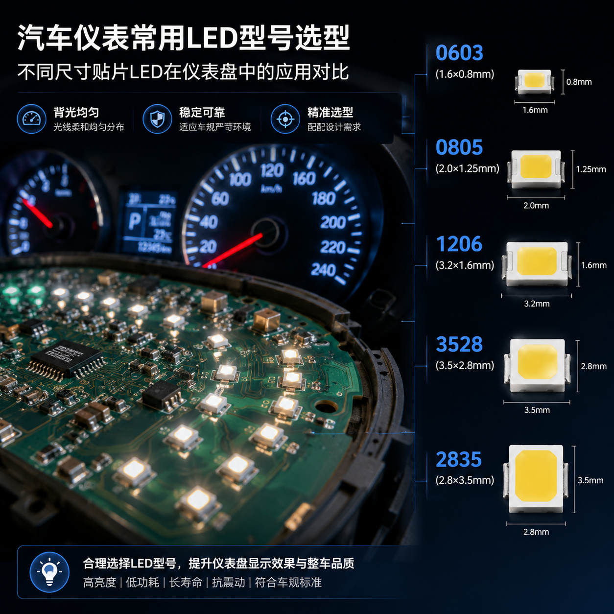 汽车仪表盘内部PCB板上不同尺寸的SMD贴片LED型号,展示0603、0805、1206、3528、2835等封装的实际排列与尺寸标注