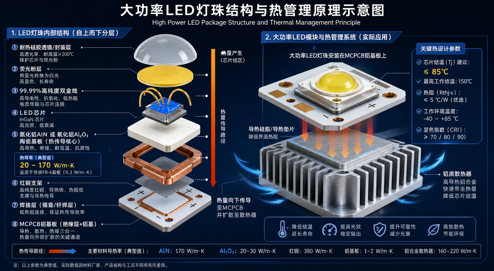 大功率LED灯珠内部结构与高效热管理机制示意图,展示关键材料构成及热量从芯片向外传导的路径。