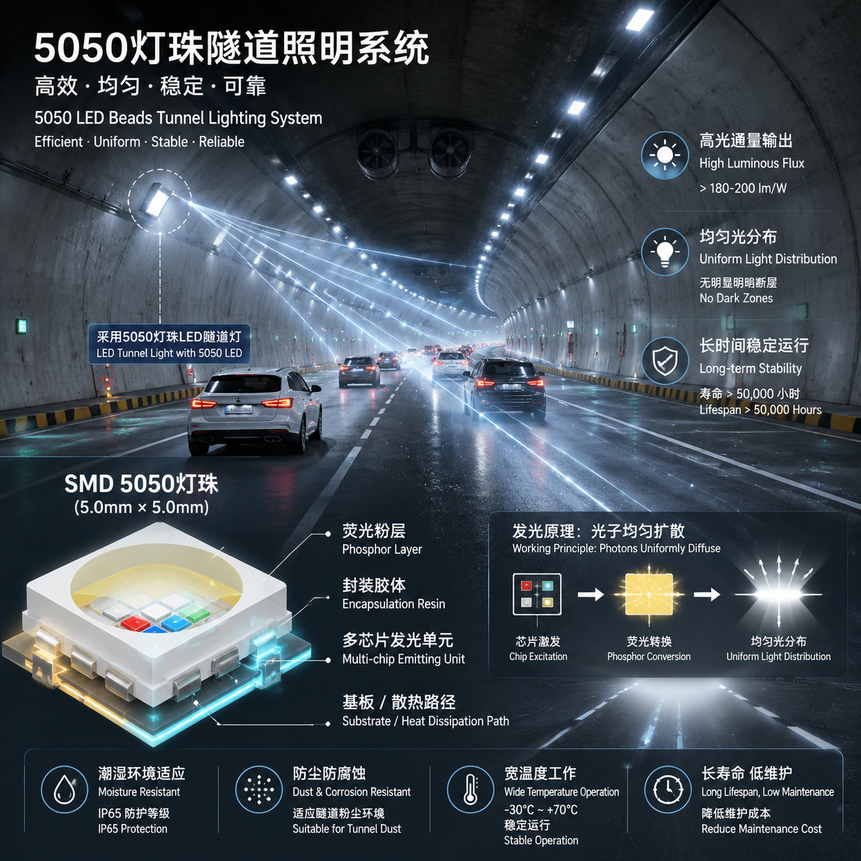 隧道中5050灯珠LED照明系统及其内部结构剖面示意图,展示高光通量与均匀光分布的工程应用场景