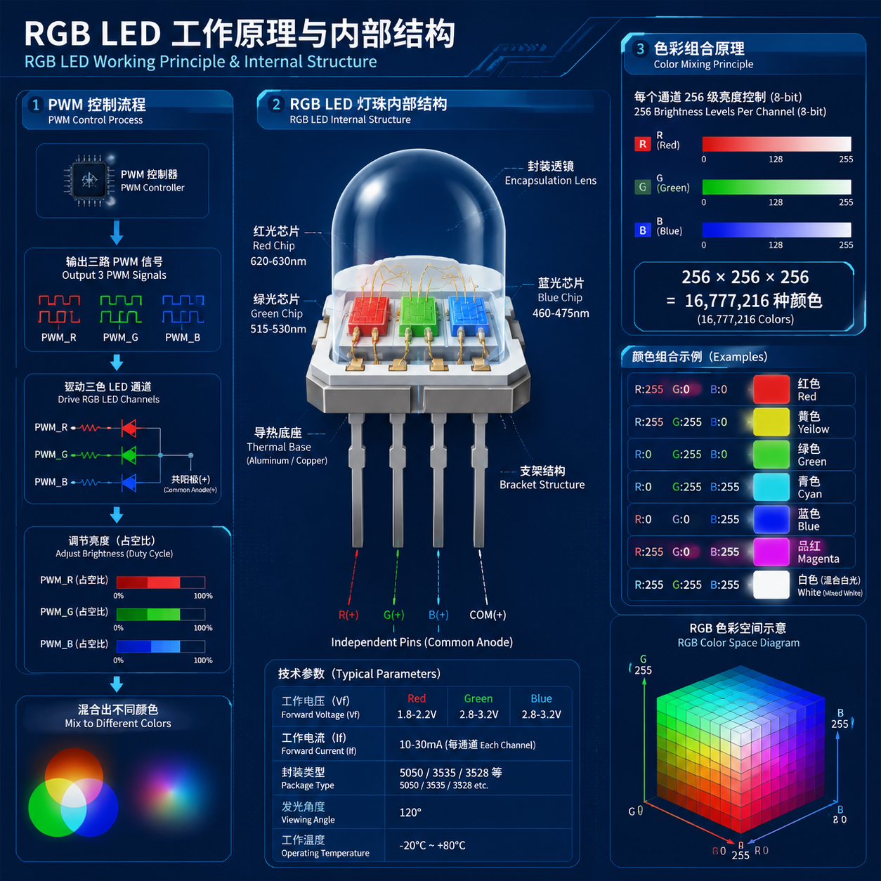 RGB LED灯珠剖面结构图与色彩生成原理示意图，清晰展示红绿蓝芯片、PWM控制信号及1670万种颜色混合机制。