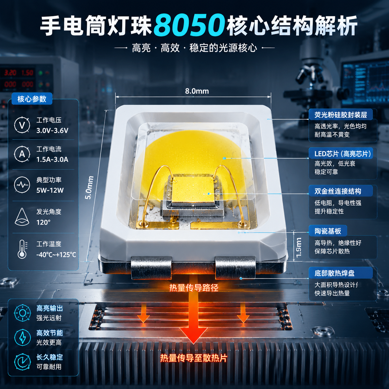 手电筒灯珠8050核心结构解析图，展示其8.0×5.0mm尺寸、电压电流功率参数、内部芯片与陶瓷基板散热设计