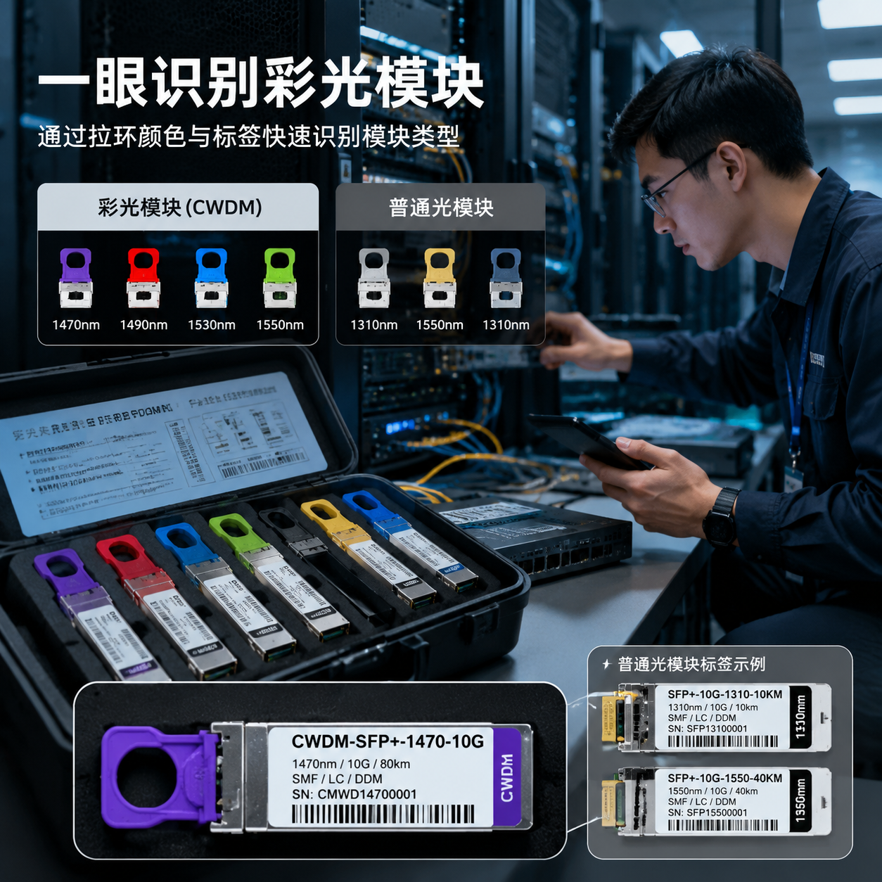 数据中心工程师通过拉环颜色和标签快速识别彩光与灰光模块