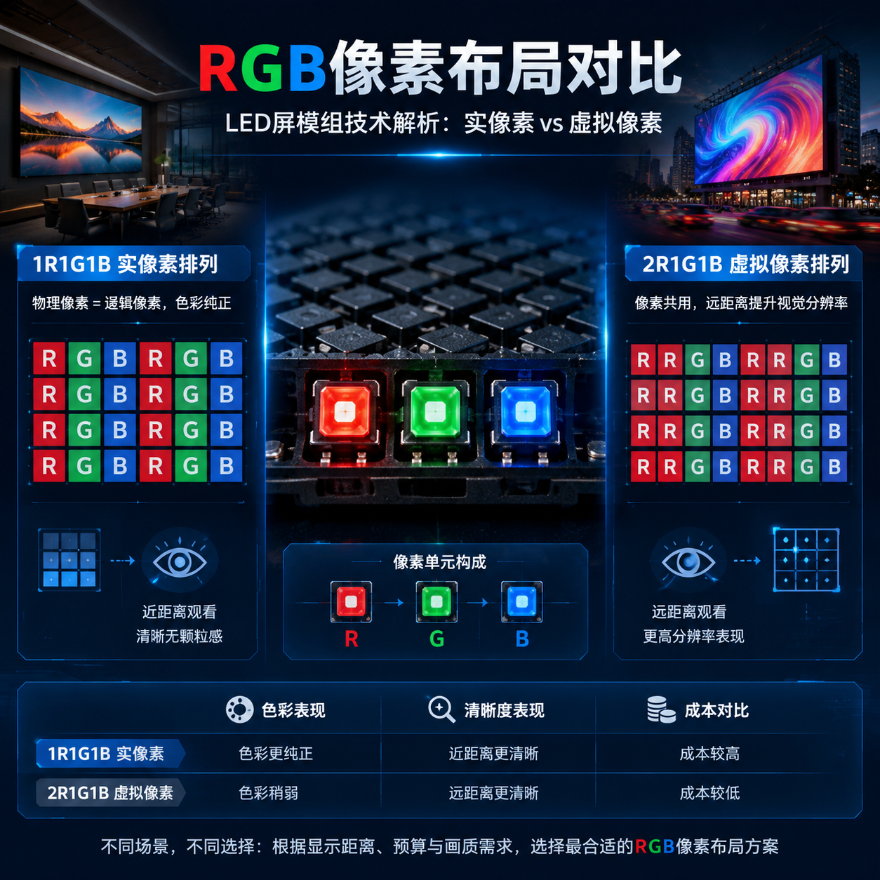 LED屏模组RGB像素布局对比图:实像素(1R1G1B)与虚拟像素(2R1G1B)原理及应用场景
