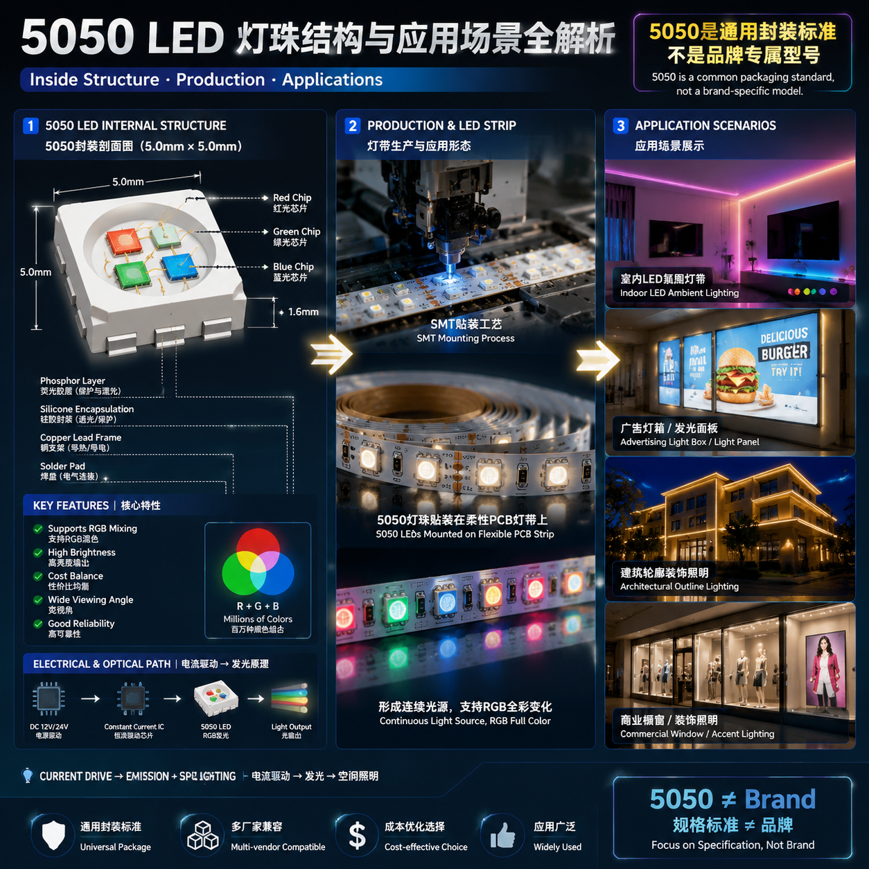 5050 LED灯珠结构剖面与灯带应用场景示意图,展示RGB芯片结构与装饰照明应用