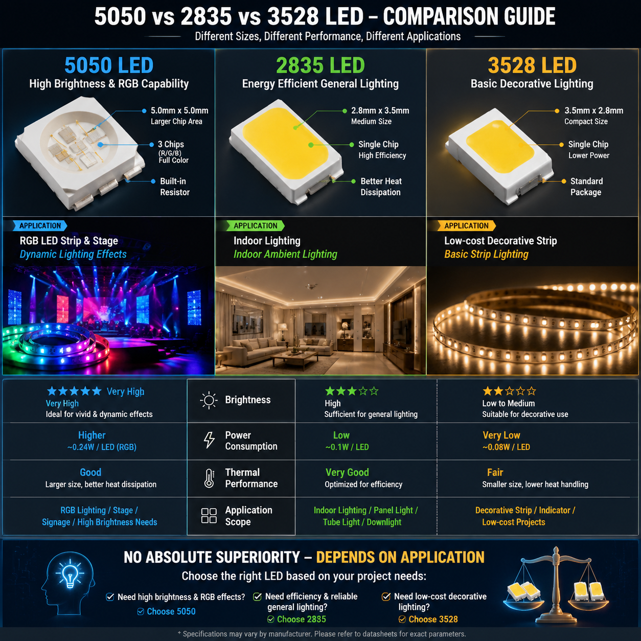 5050与2835与3528 LED灯珠对比与应用差异信息图