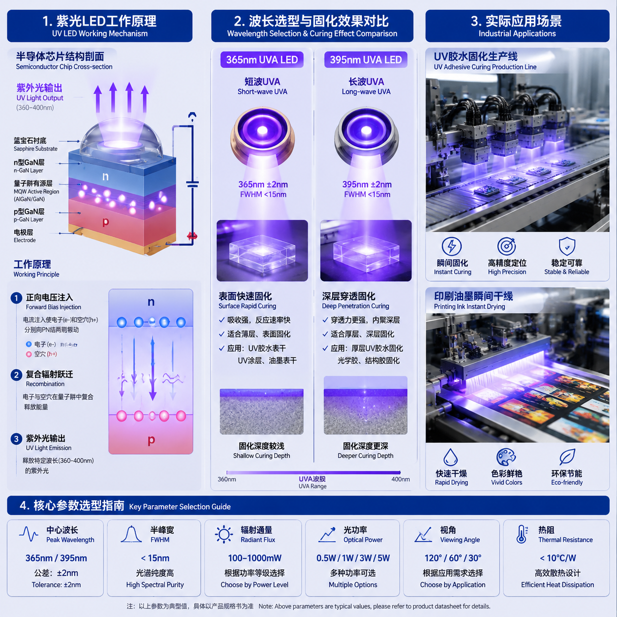 紫光LED灯珠工作原理、UVA固化应用与核心选型参数示意图