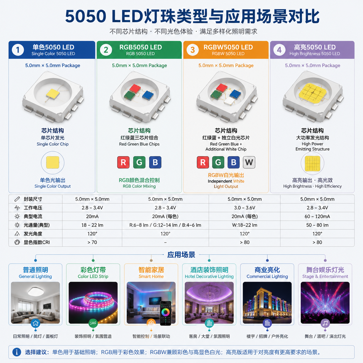 5050 LED灯珠类型与应用场景对比图,展示单色、RGB、RGBW和高亮版本的结构及用途