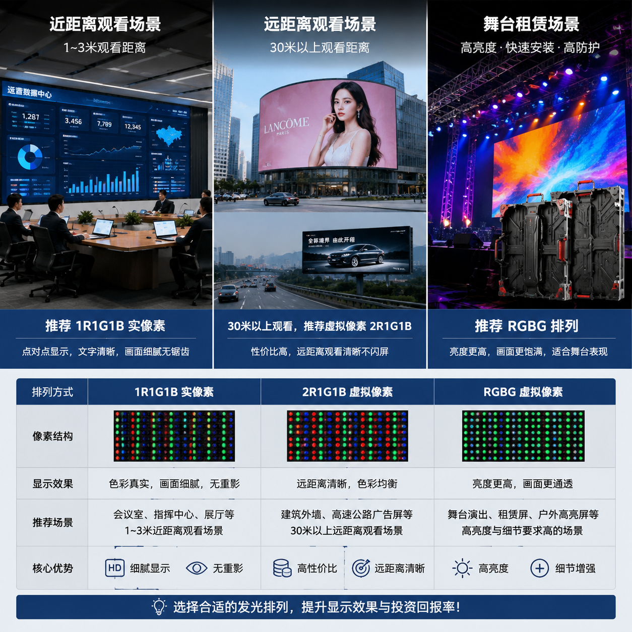 LED屏不同RGB像素排列的应用场景选型指南:室内近距离实像素、户外远距离虚拟像素与舞台租赁屏