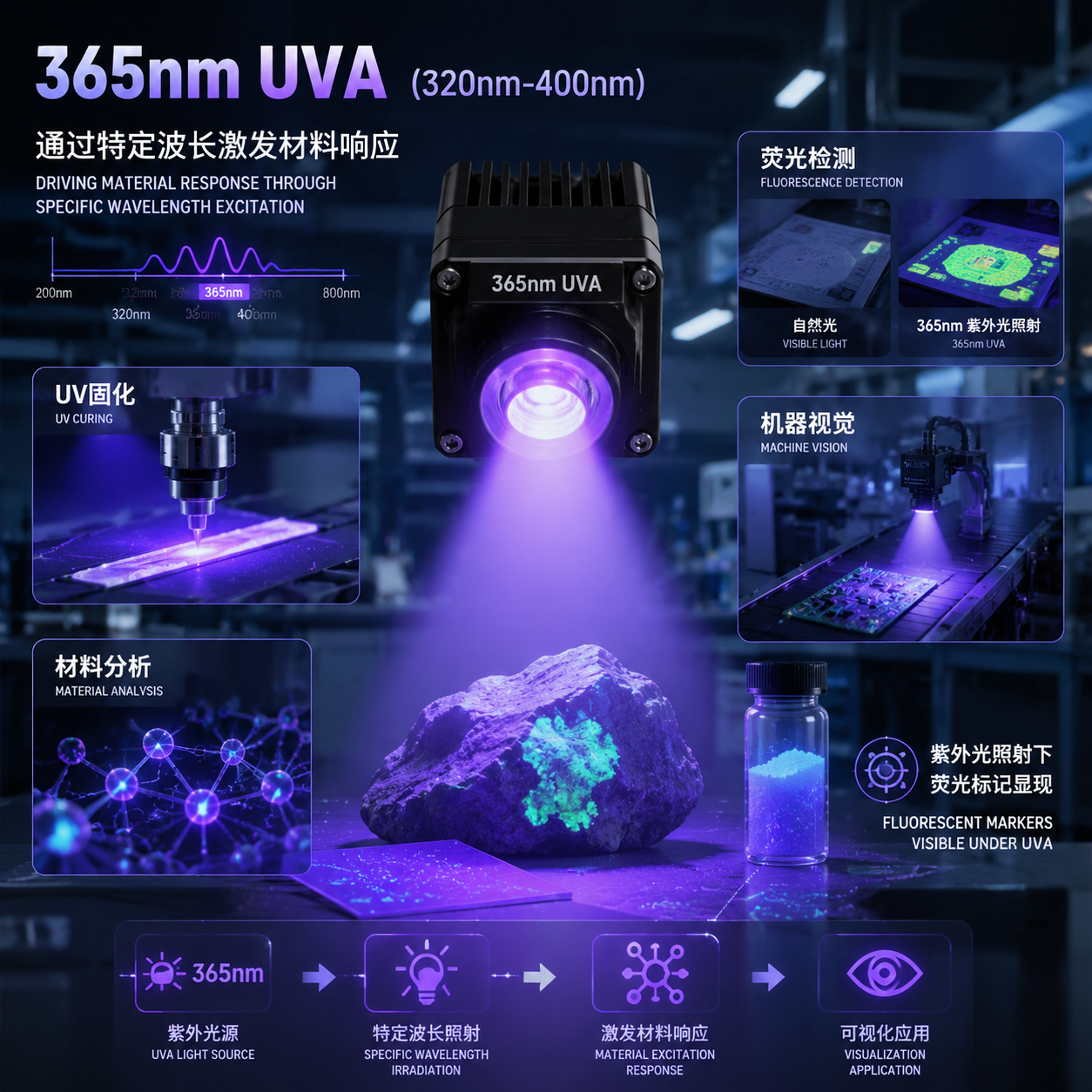 365nm紫外灯应用场景与工作原理概述图，展示荧光检测、UV固化、机器视觉和材料分析。