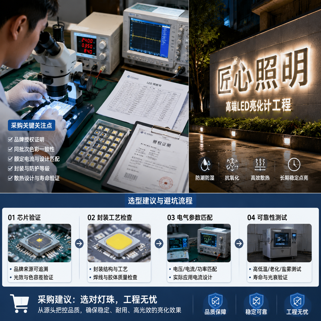 LED灯珠采购与品质验证流程图，展示检测人员对灯珠批次进行显微检测、品质筛选，并突出芯片验证、封装工艺检查、电气参数匹配和可靠性测试等关键步骤，以及户外标识牌应用场景