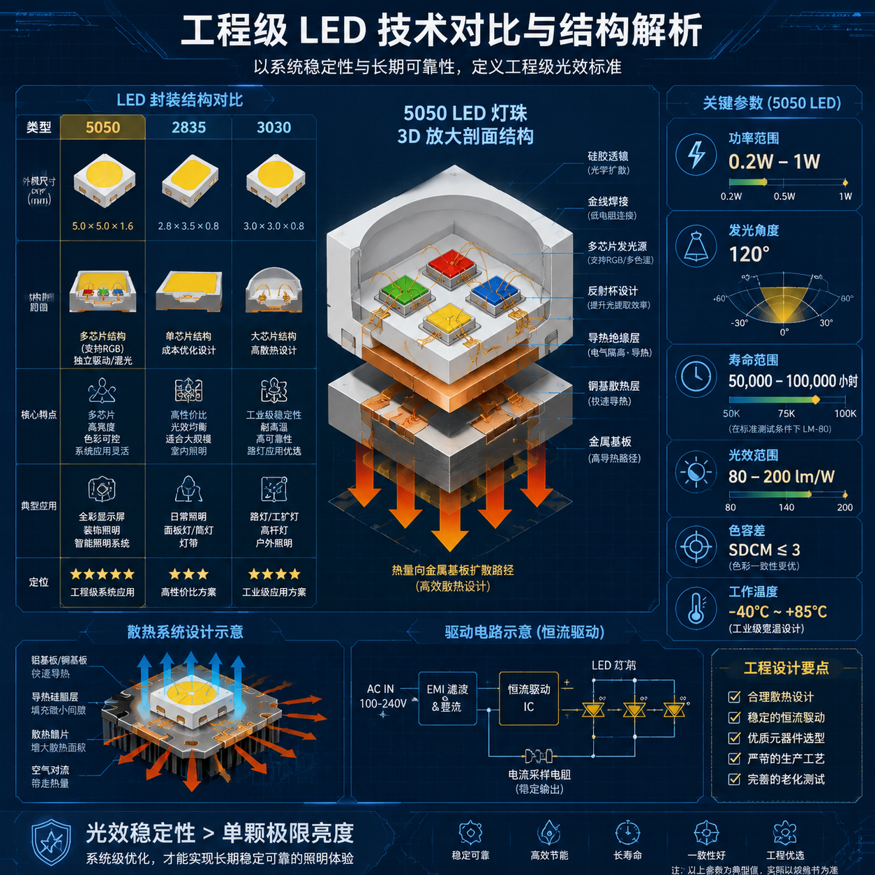5050LED灯珠与2835、3030结构对比及工程参数解析信息图