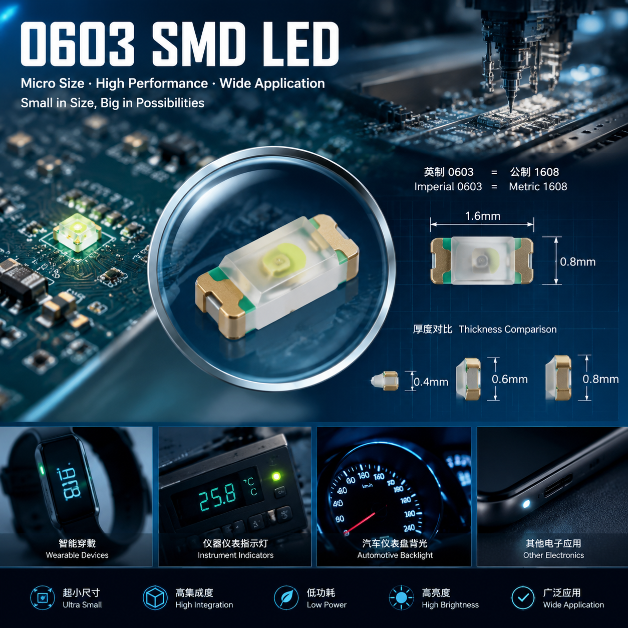 0603贴片LED灯珠实物结构、尺寸标注与典型应用场景概览，展示1.6x0.8mm封装和不同厚度变体