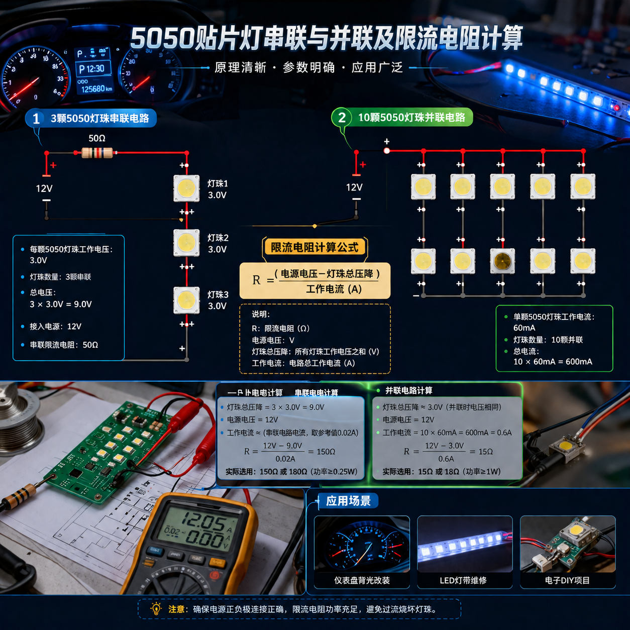 一张电路原理示意图,清晰展示了5050贴片灯珠的串联与并联接线方式,并配有限流电阻的计算公式和实际应用示例,如连接12V电源时的电阻配置。