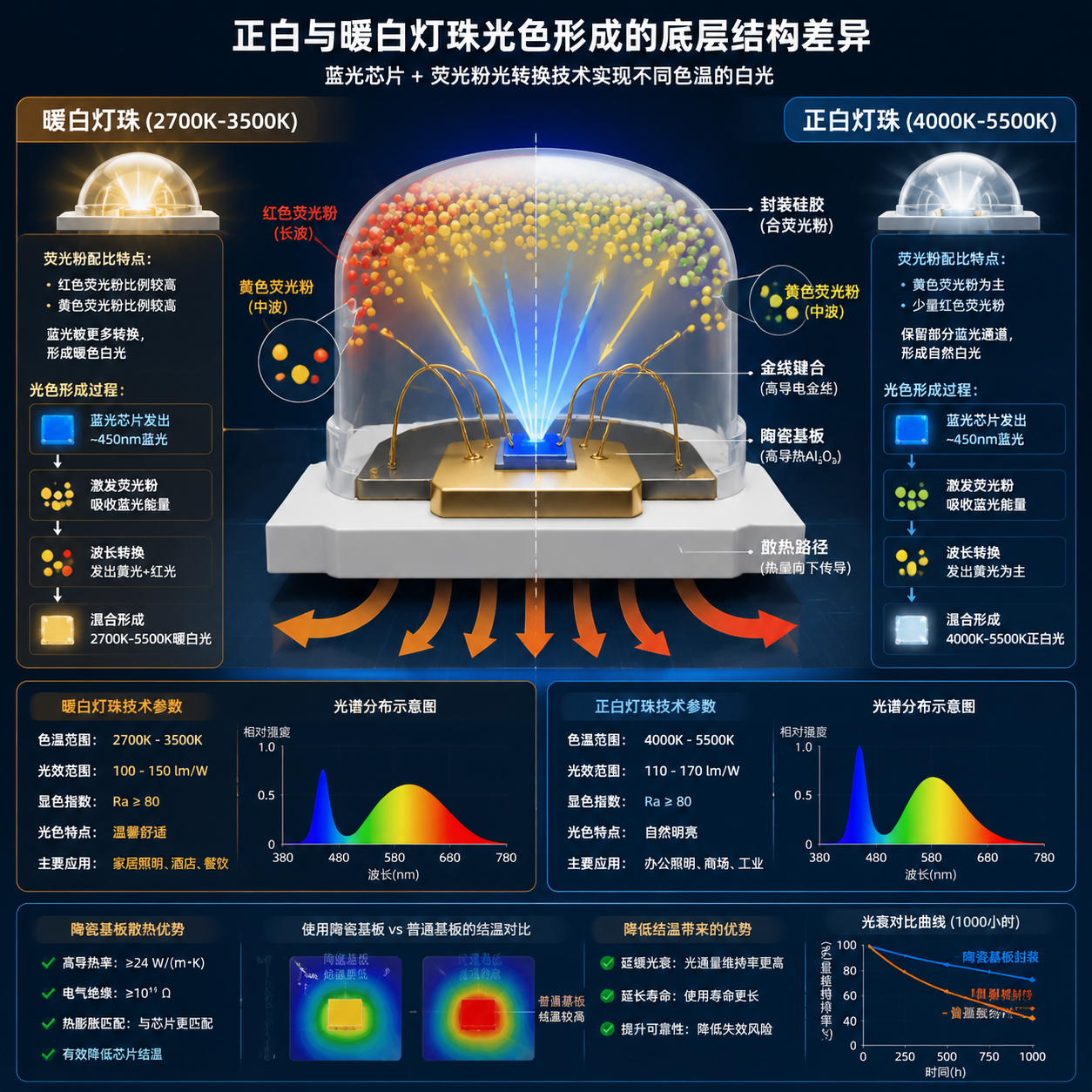 LED正白与暖白灯珠封装结构与光色形成原理图，展示蓝光芯片、荧光粉配比和陶瓷基板如何影响色温与光效