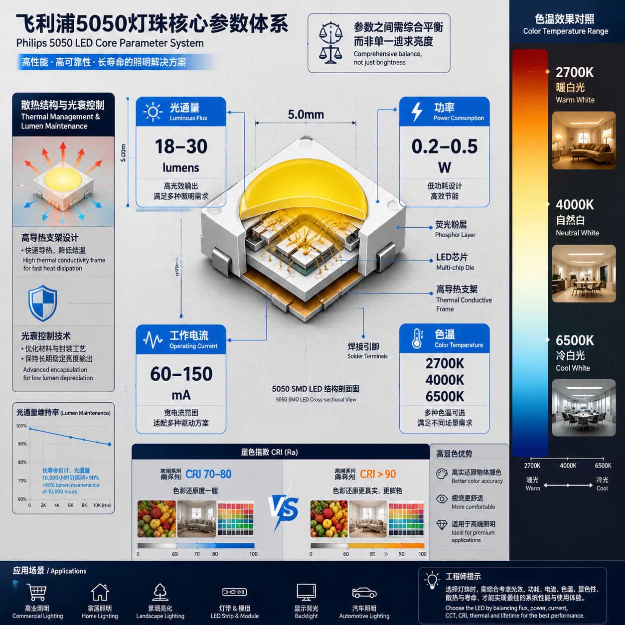 飞利浦5050灯珠核心参数解析图,包含光通量、功率、电流与色温等工程参数说明