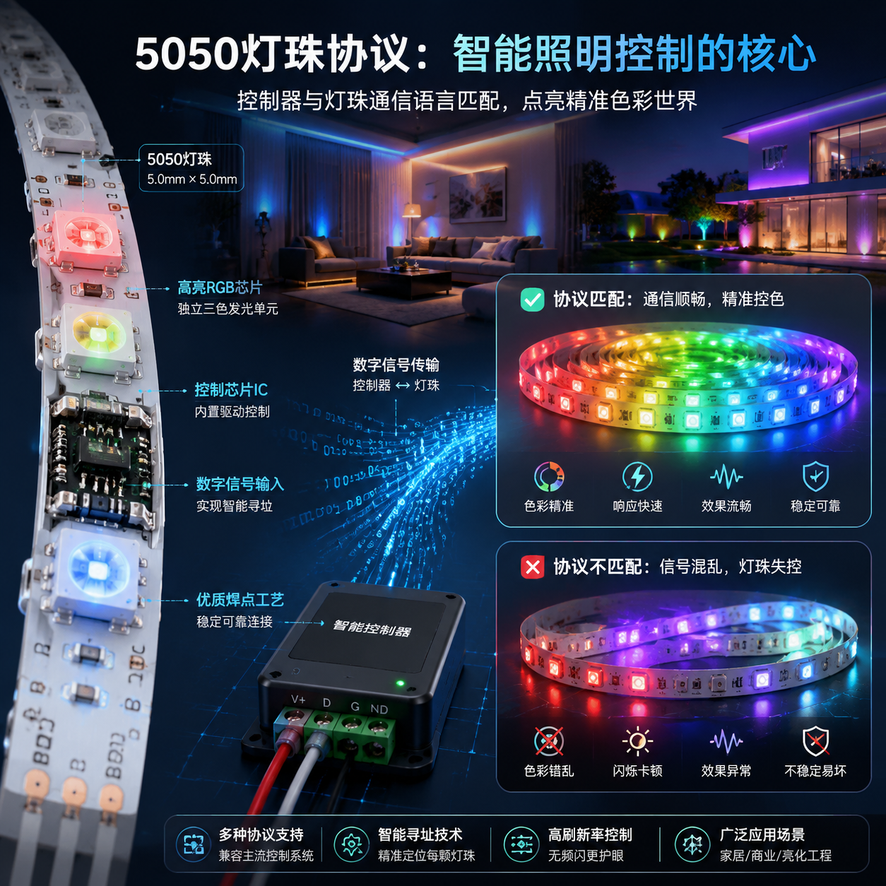 5050灯珠协议概览图:拆解5050灯珠内部结构,展示控制器与灯带通信机制及协议匹配的重要性,包含智能家居与LED亮化场景。