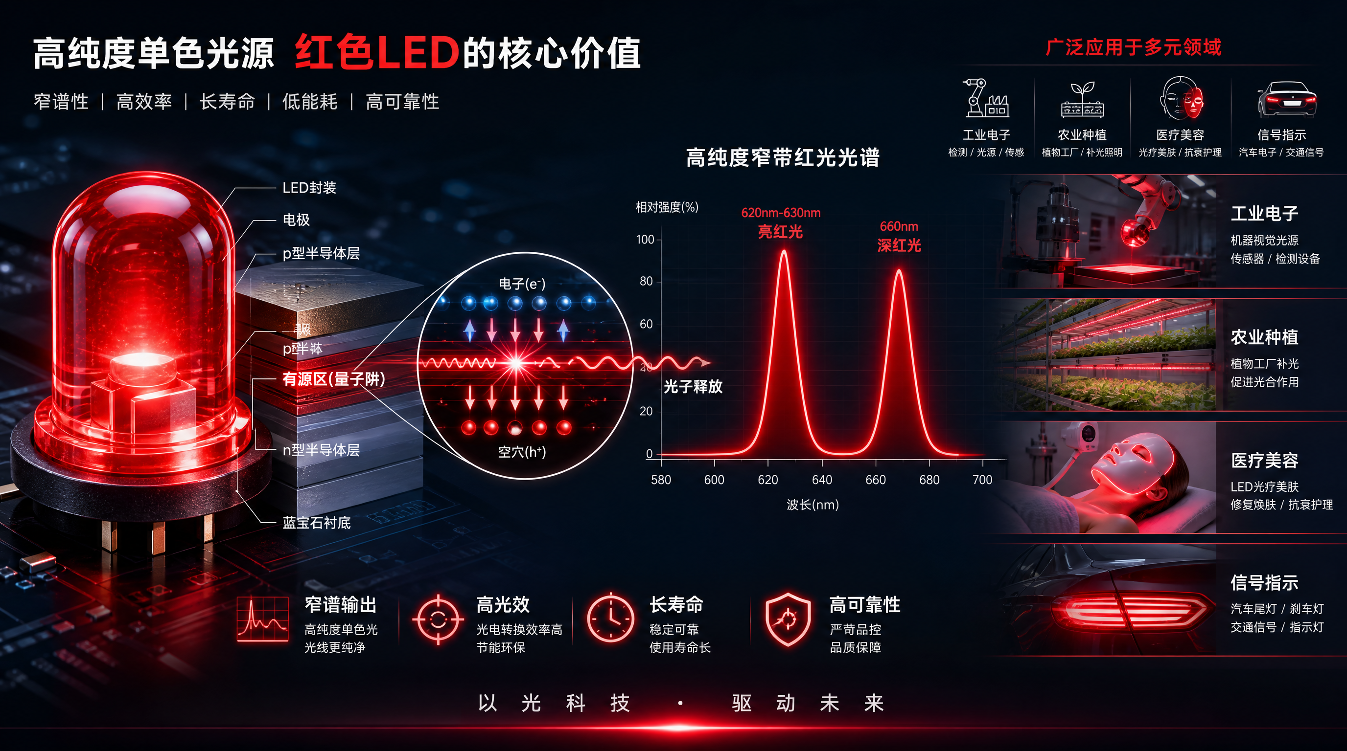 红色LED灯的结构、发光原理、关键波长与多元应用场景概览