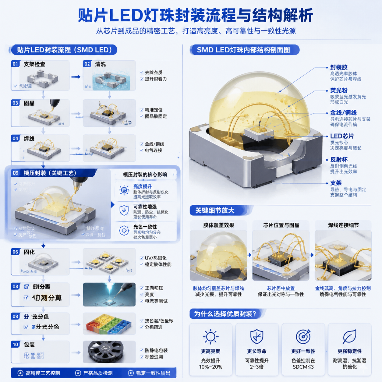 贴片LED灯珠从芯片到成品的封装流程图与内部结构剖面示意图,详细展示了生产步骤和LED灯珠的各部件组成。