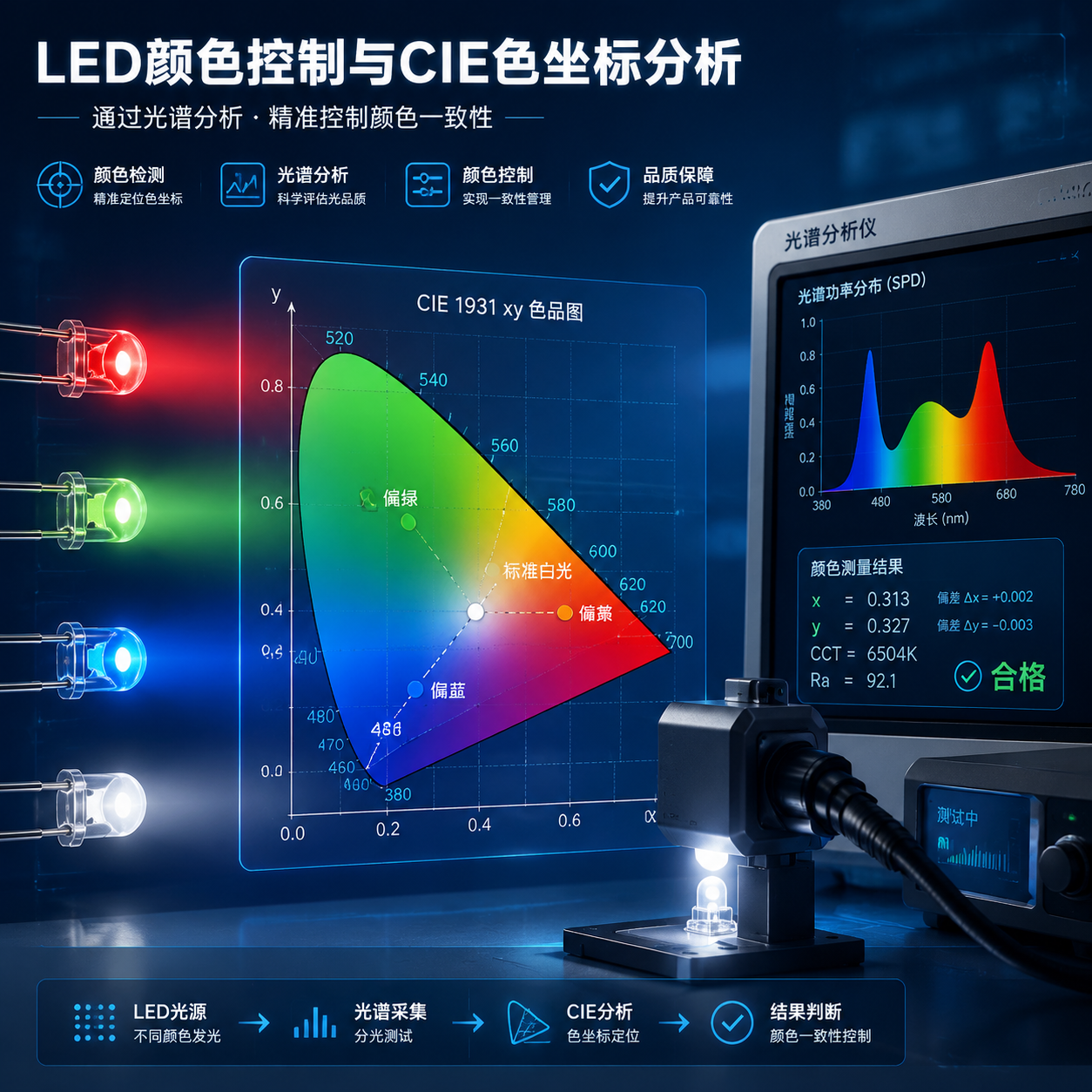 LED颜色控制与CIE色坐标分析的主题插画，展示不同颜色LED、CIE色品图和工程师进行光谱数据分析的场景。