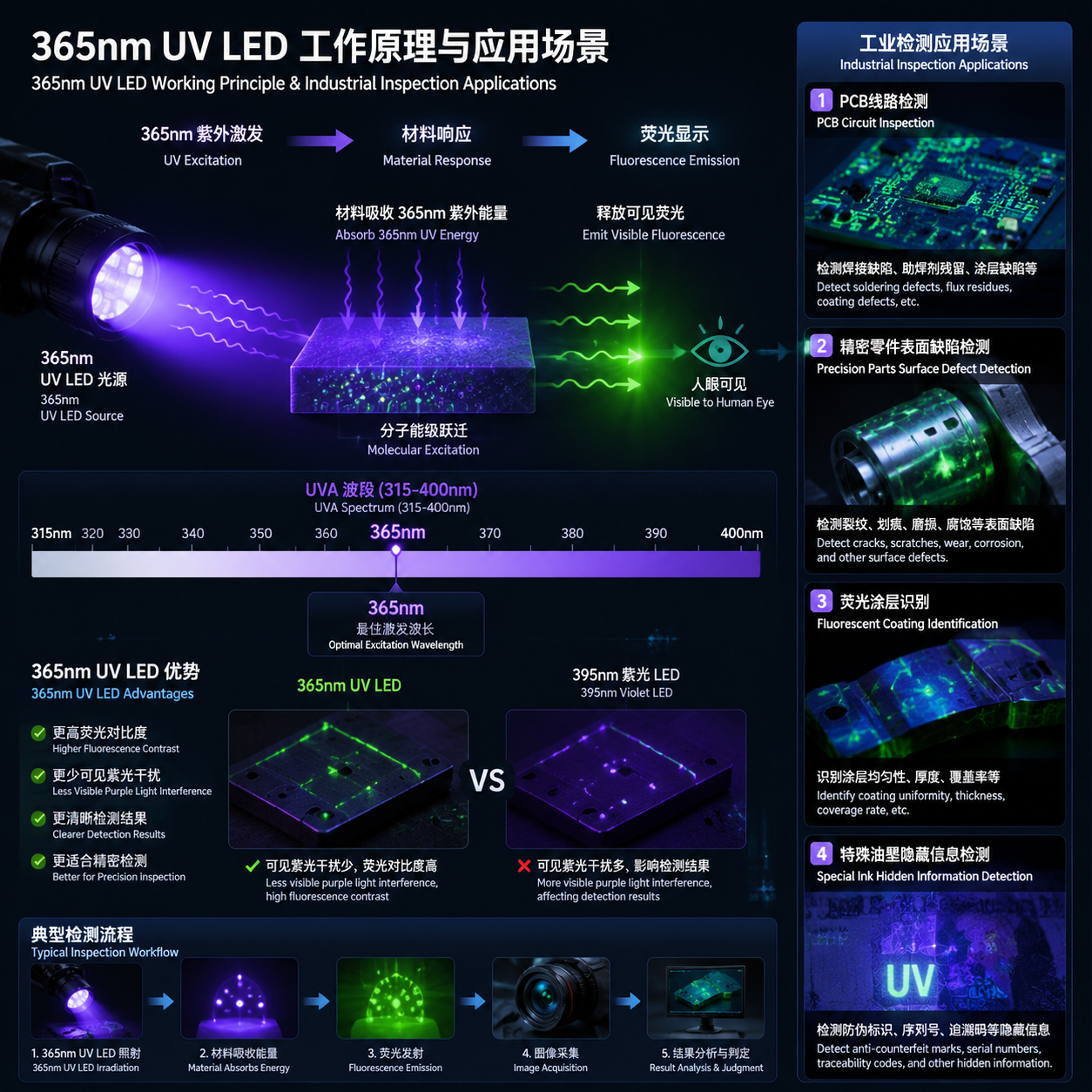 365nm UV LED工作原理示意图，展示紫外激发荧光过程及PCB线路、精密零件、荧光涂层和特殊油墨等工业检测应用场景。