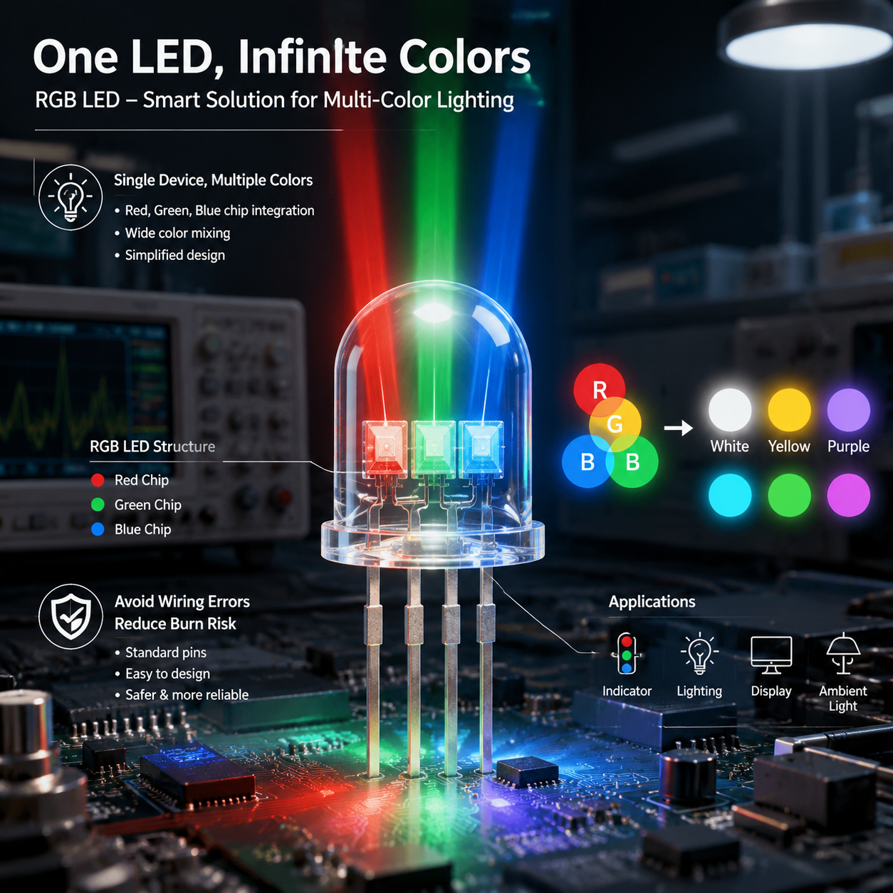 三色RGB LED灯珠内部芯片结构与混光效果科普图 三色RGB LED灯珠内部芯片结构与混光效果科普图