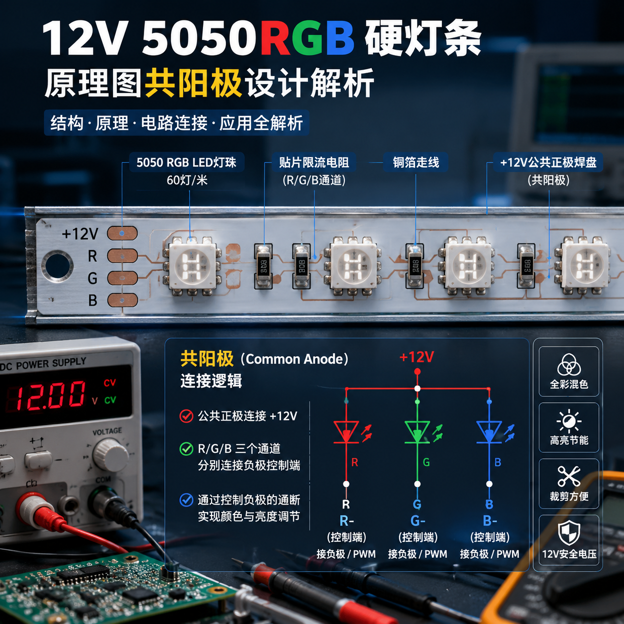 12V 5050RGB硬灯条原理图 共阳极(电路设计与接线应用指南)