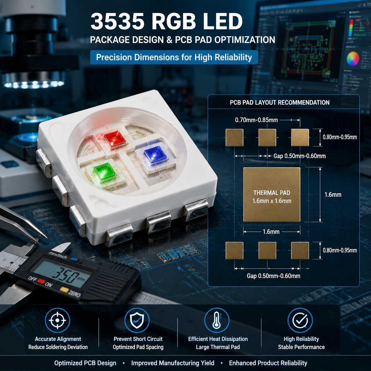 3535 RGB LED封装设计与PCB焊盘尺寸示意图,包含引脚、散热焊盘及关键尺寸标注