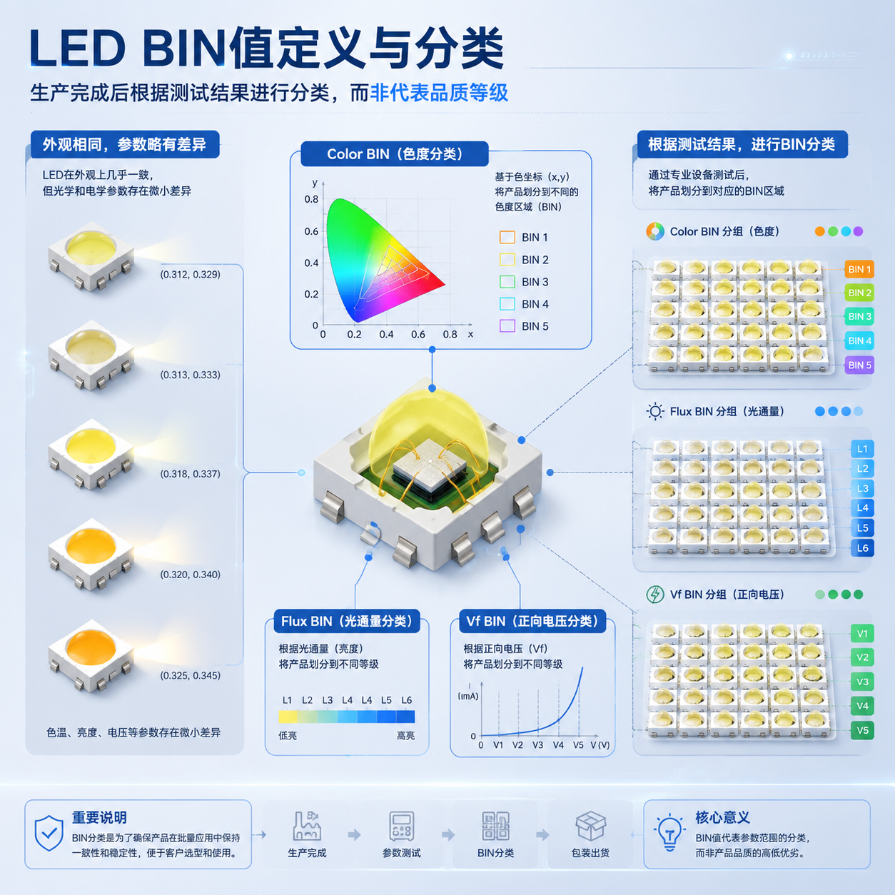 LED BIN值定义与分类概念图，展示LED灯珠拆解后通过色度、光通量和正向电压进行分类的过程