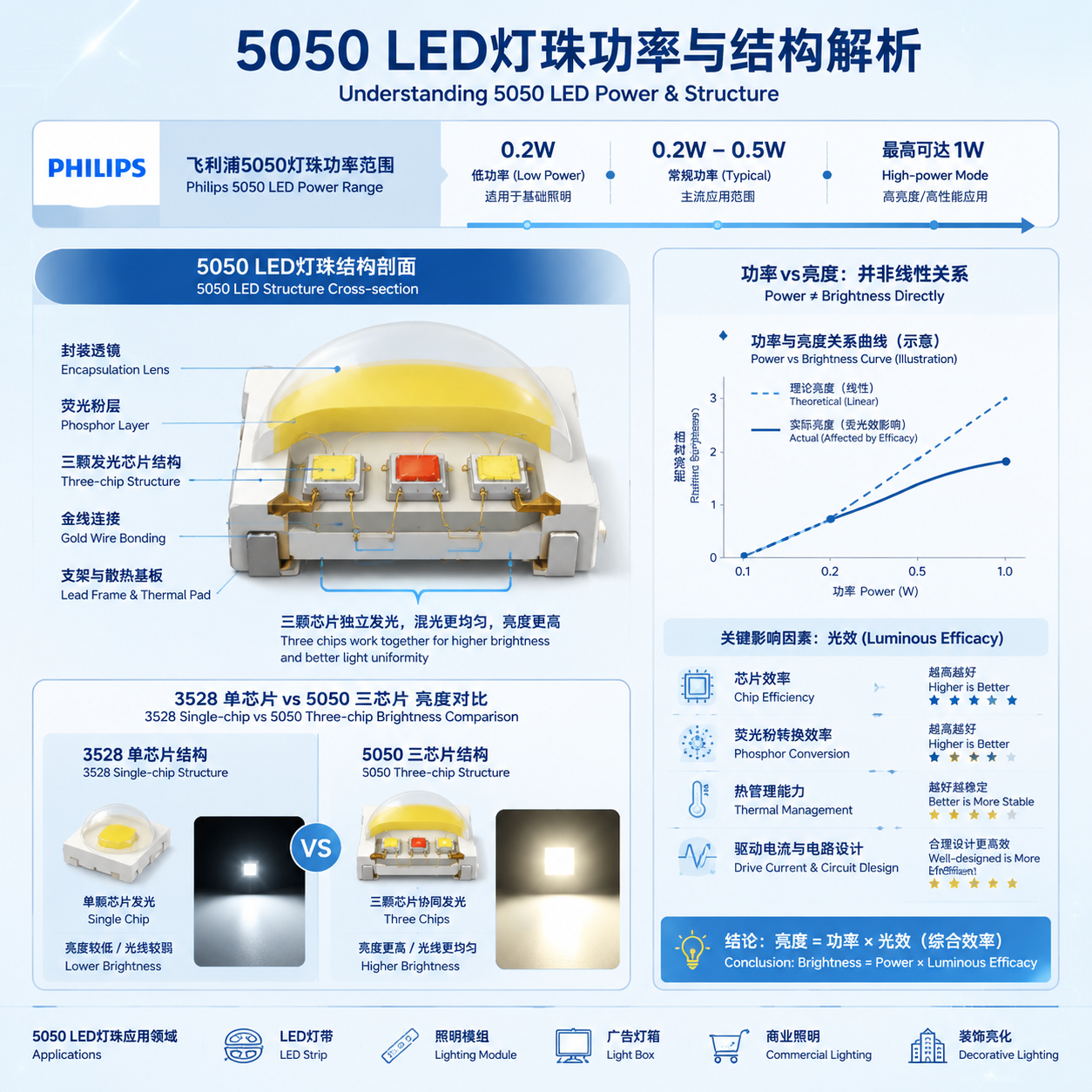 5050 LED灯珠结构与功率关系解析图