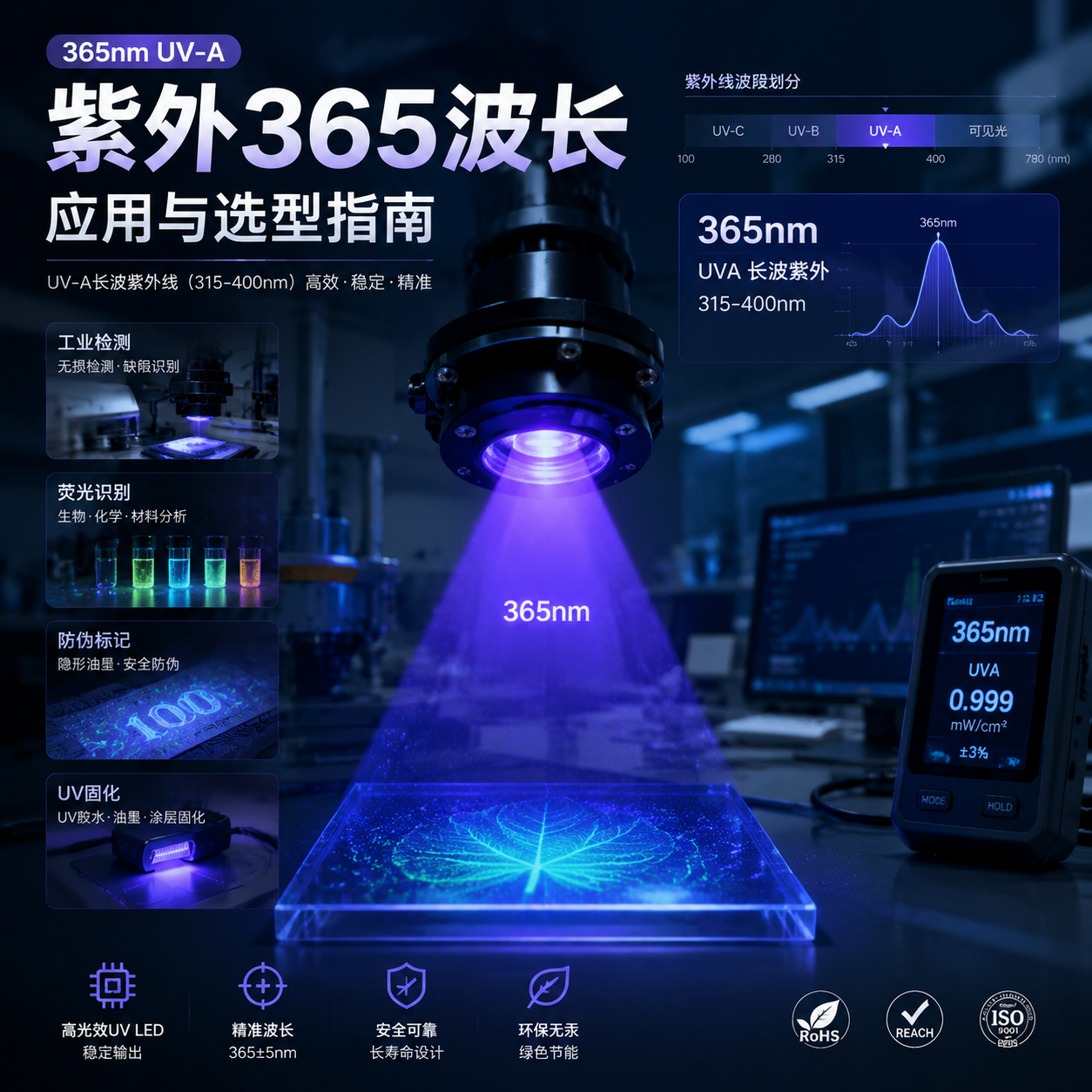 一张展示365nm UV-A应用与选型指南的科技封面图，显示UV LED光源激发荧光、工业检测、UV固化等应用场景。