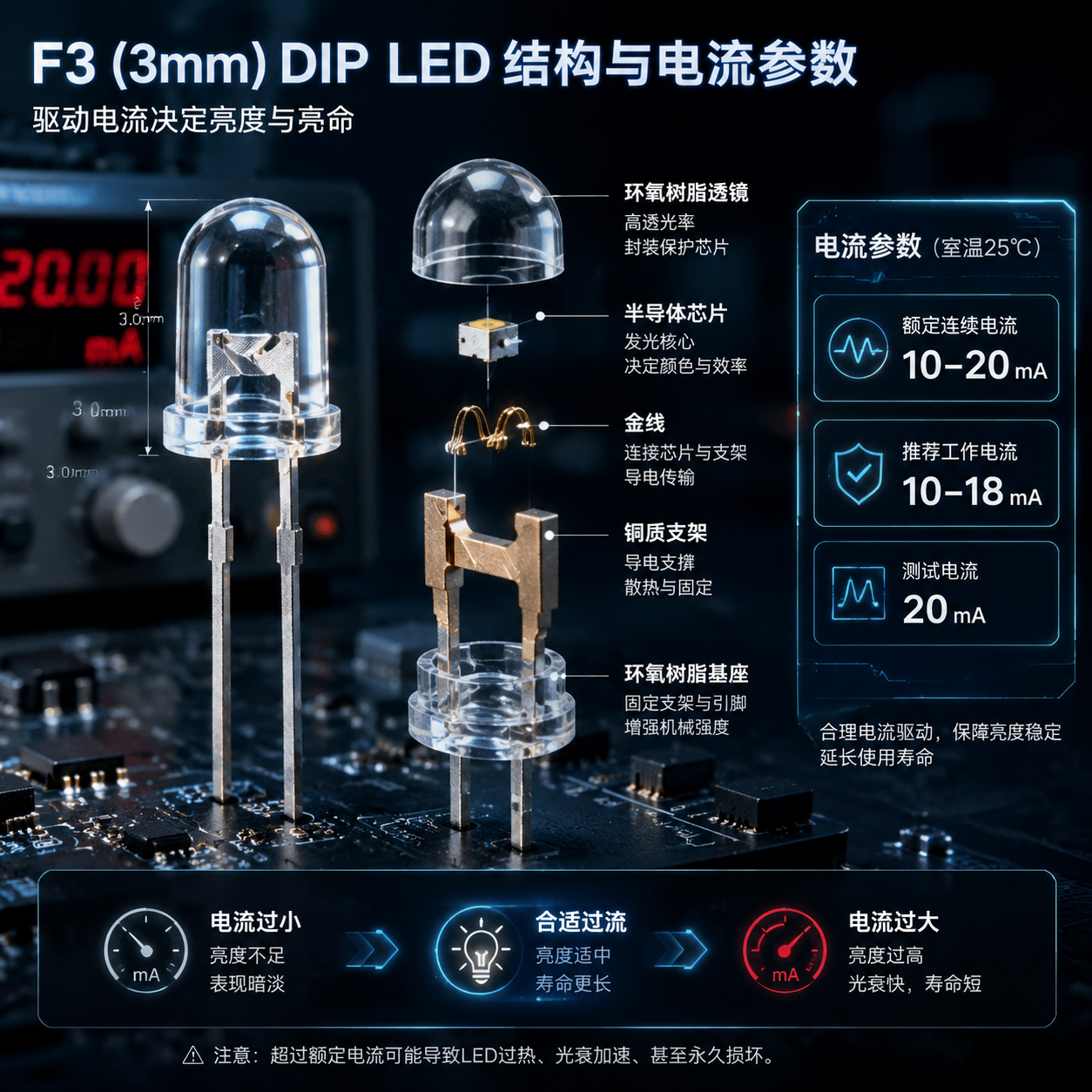 F3直插LED灯珠结构、内部组件及关键工作电流参数示意图,突显驱动电流对亮度与寿命的影响
