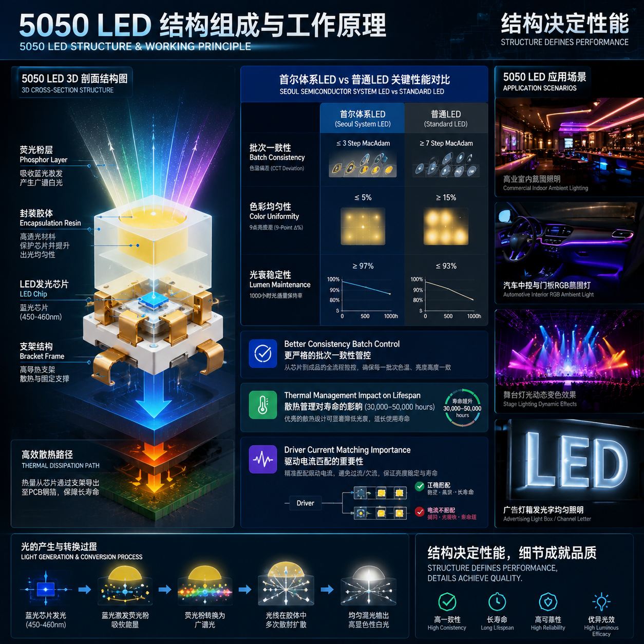 5050灯珠3D剖面结构图解+多场景实际应用对比信息图