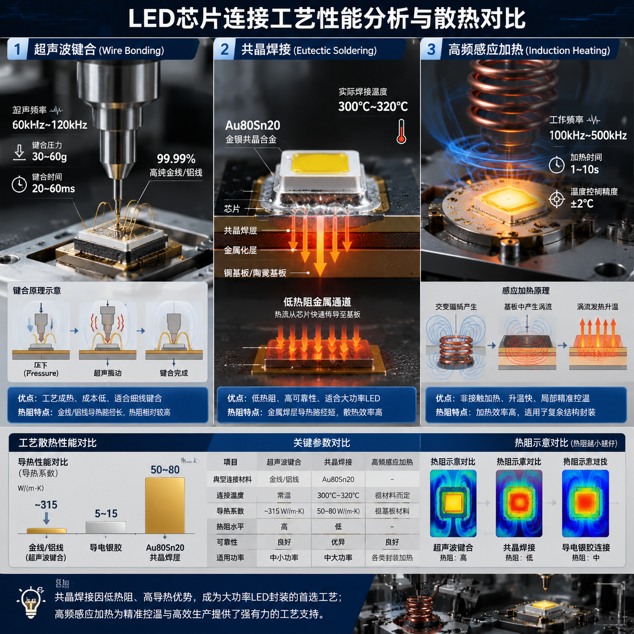 LED芯片连接工艺性能对比图，展示了超声波键合、共晶焊接、高频感应加热的工作原理，并对比了不同工艺下的散热性能，突出共晶层与导电银胶的热导率差异