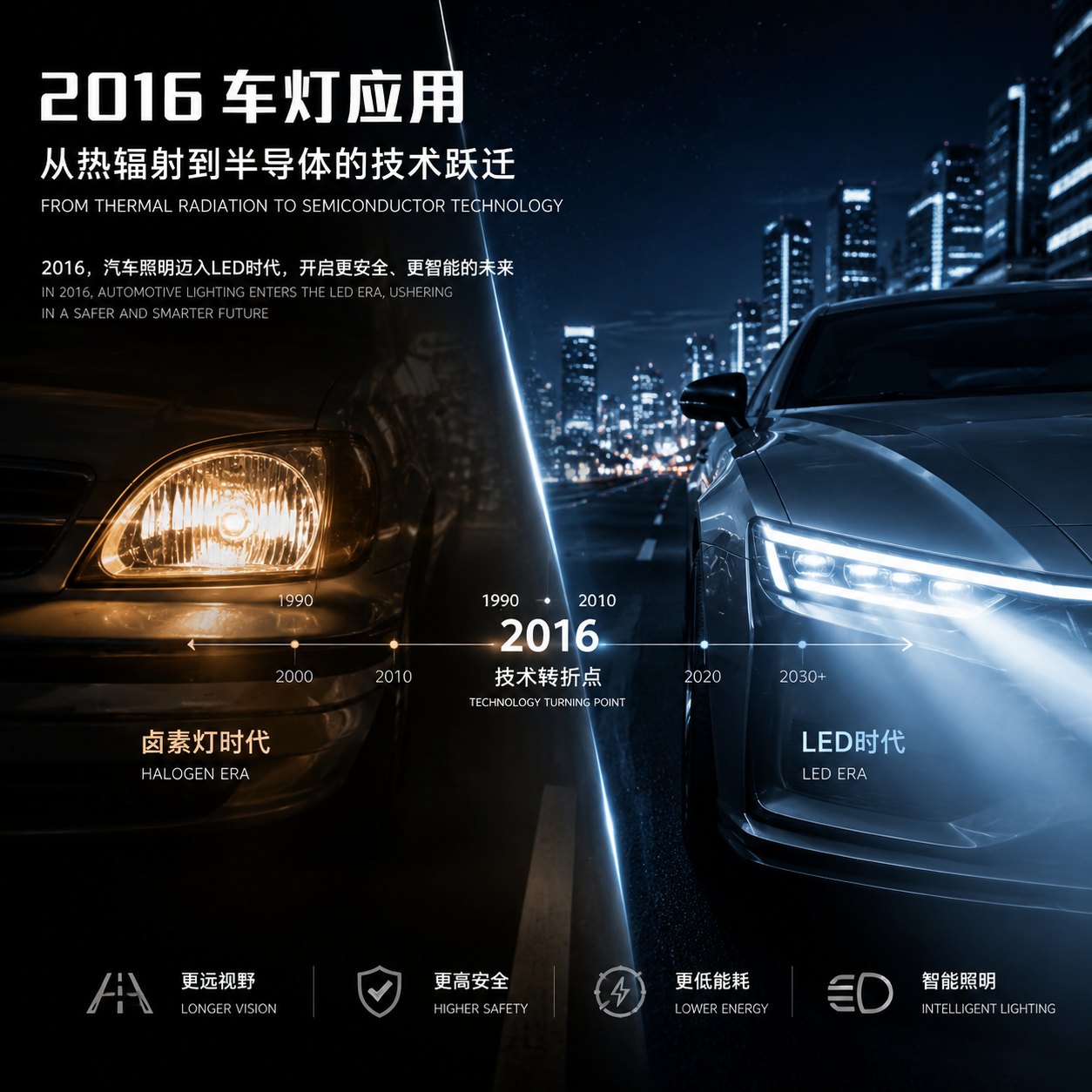 2016年汽车照明技术转型，从传统卤素灯（左侧暖黄光）到现代LED车灯（右侧冷白光）的演变，突出LED提升夜间行车视野与安全性。