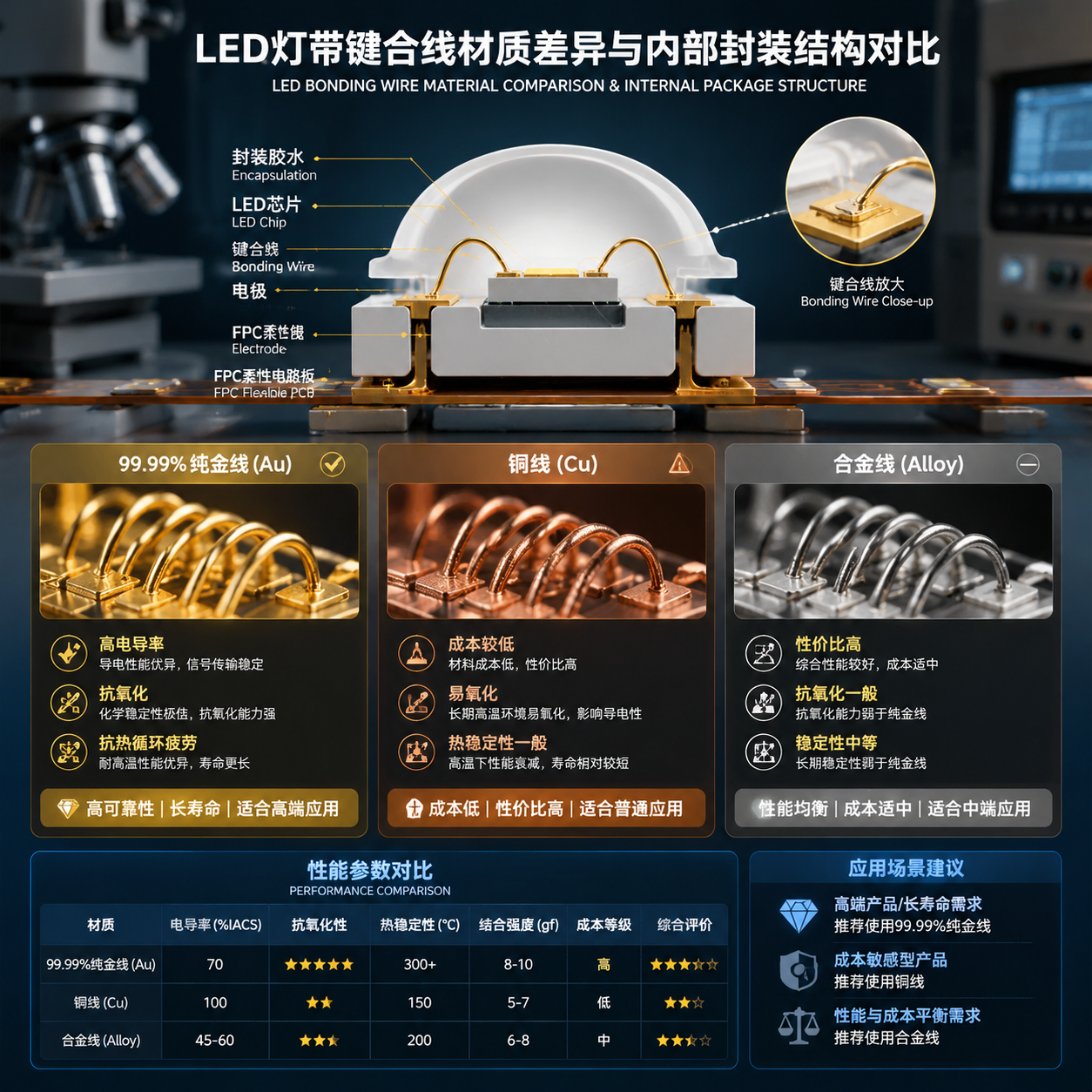 LED灯珠内部键合线材质对比示意图：展示金线、铜线与合金线的结构与性能差异