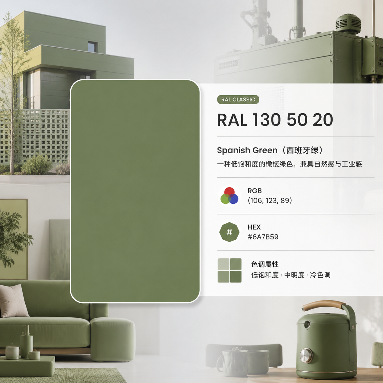 RAL 130 50 20西班牙绿颜色卡片及RGB/HEX参数，展示其在建筑和工业设计中的应用