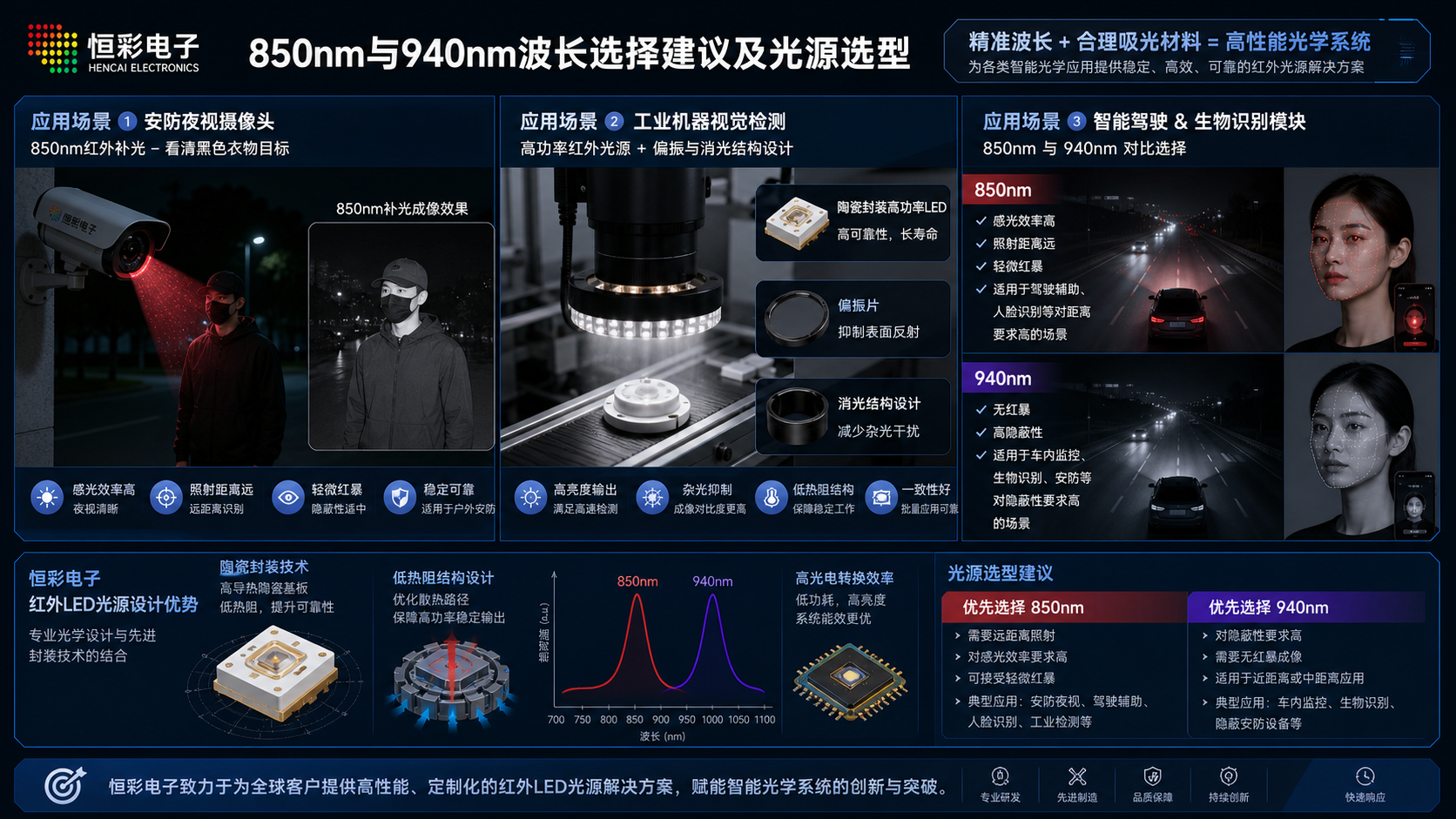 图示850nm和940nm红外光在安防夜视、机器视觉、智能驾驶及生物识别等现代智能光学系统中的应用场景,并对比了两种波长的特性及光源选型。