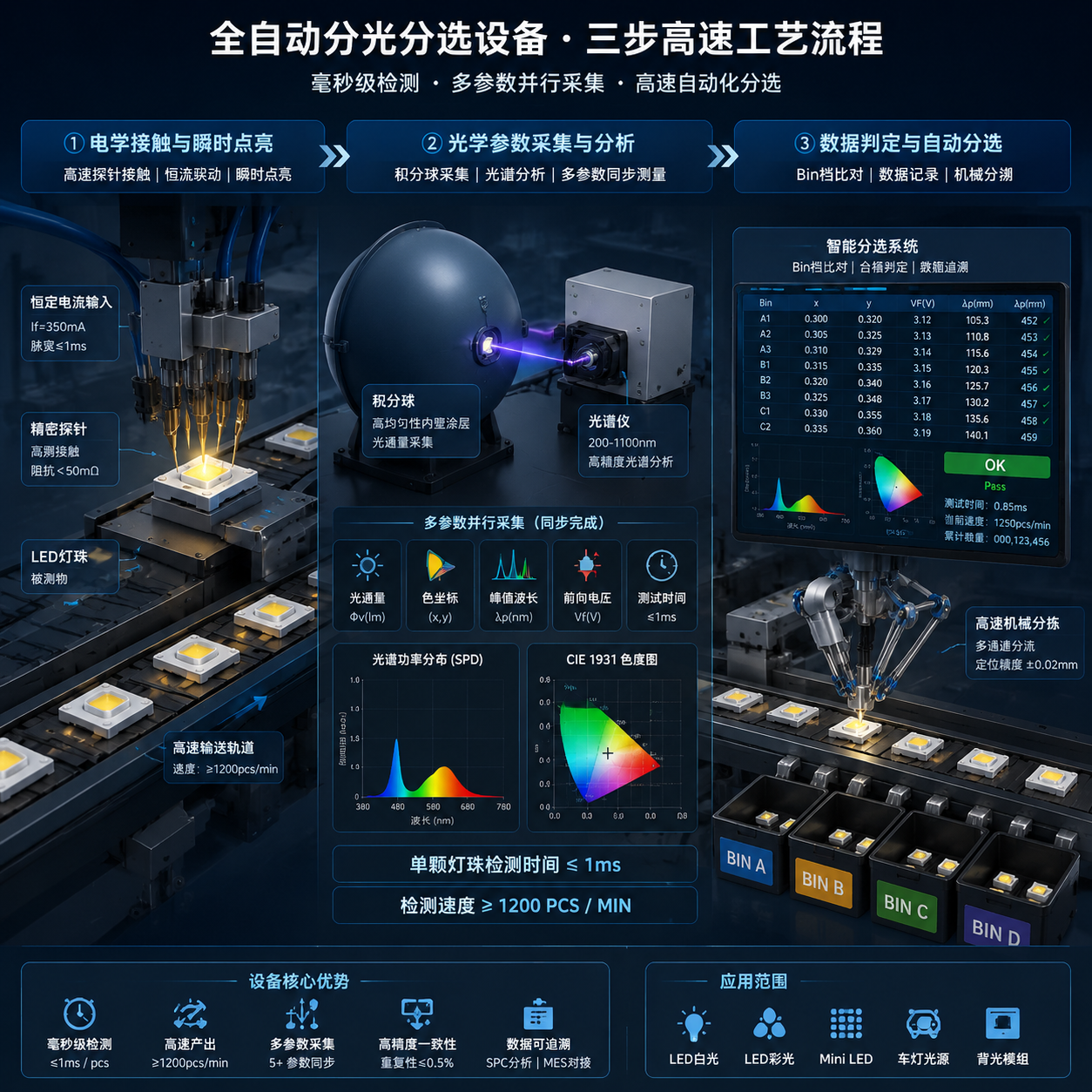 全自动LED灯珠分光分选设备工艺流程示意图，展示电学接触、参数采集与高速分拣步骤