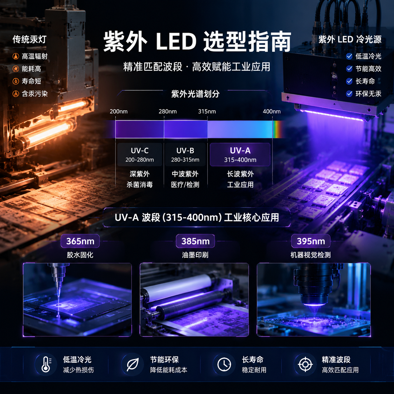 紫外LED工业应用选型指南概览图，对比传统汞灯与UV LED，展示UV-A、UV-B、UV-C波段分类及工业固化、杀菌应用场景。