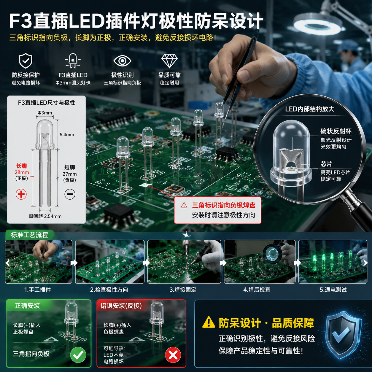 PCB线路板上F3直插LED插件灯的极性防呆识别示意图,展示丝印三角标志、长短脚和内部结构,强调避免反接。