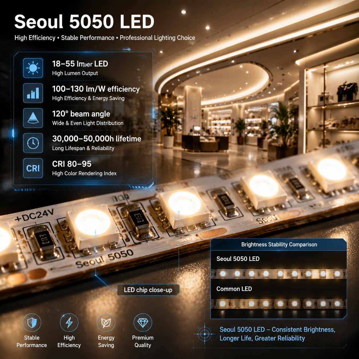 首尔5050灯珠LED灯带与商场照明场景及参数信息展示